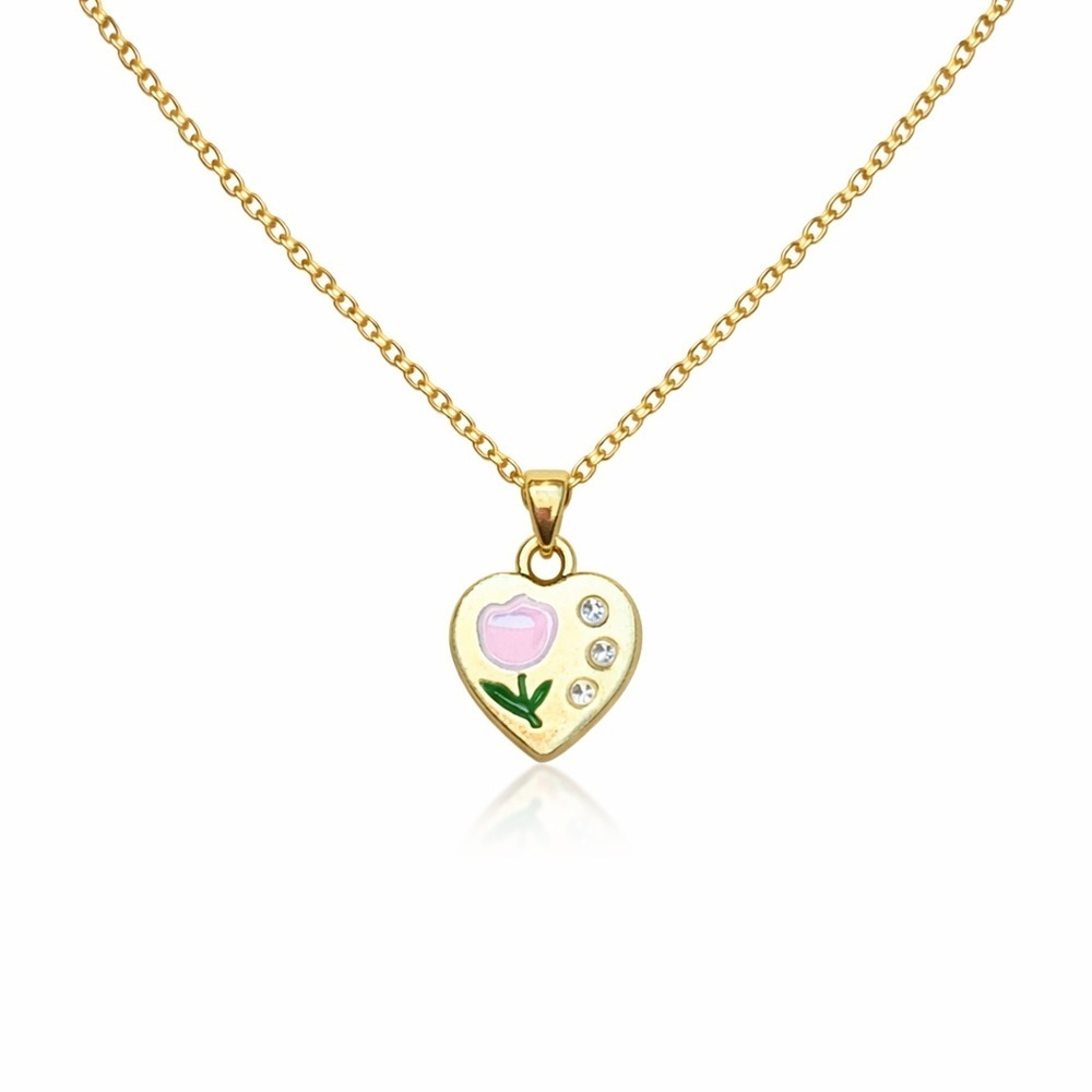 ⚜️ Gold Heart Pendant Necklace with Pink Flower